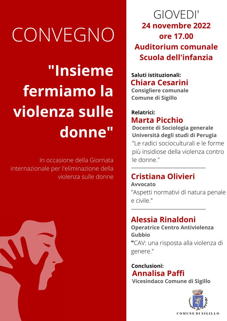 Giornata contro la violenza sulle donne – A Sigillo il convegno “Insieme fermiamo la violenza sulle donne”