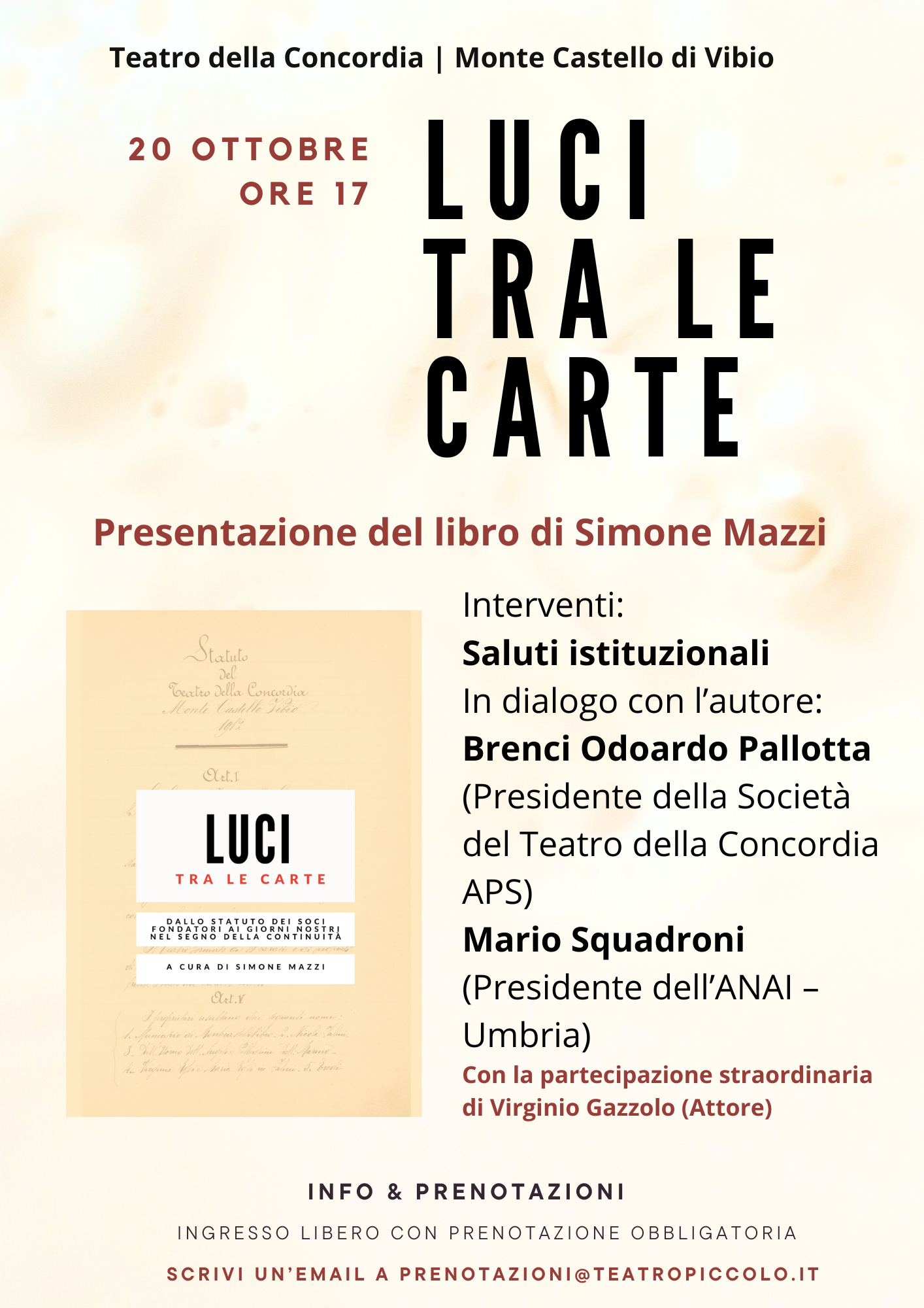 Monte Castello di Vibio – Eventi culturali, al teatro della Concordia la presentazione del libro “Luci tra le Carte”