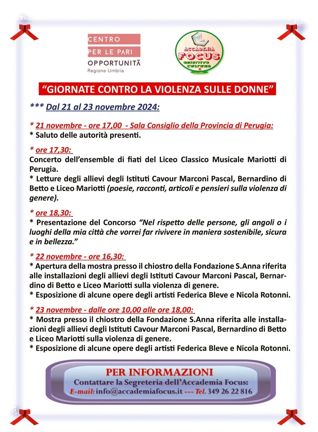 “Giornate contro la violenza sulle donne” – Dal 21 al 23 novembre le iniziative dell’Accademia Focus insieme alle scuole