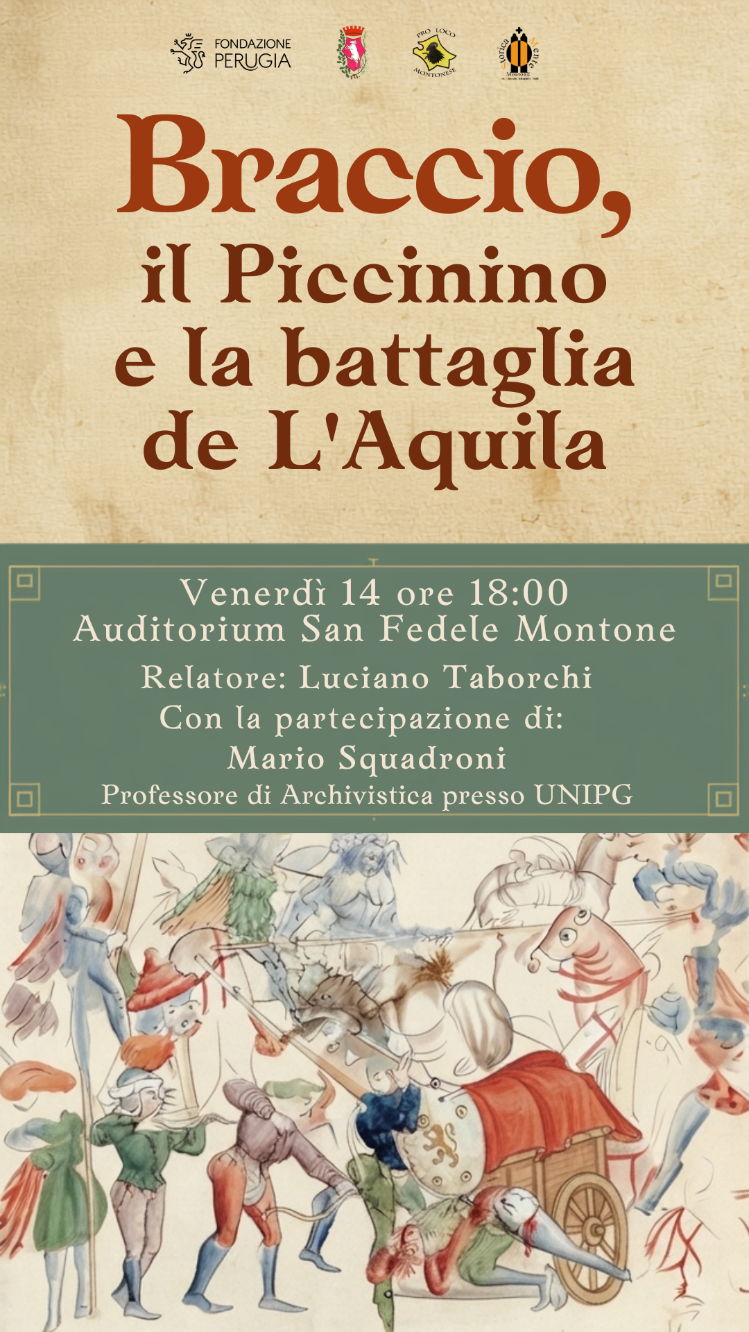 Locandina conferenza “Braccio, il Piccinino e la battaglia de L’Aquila”